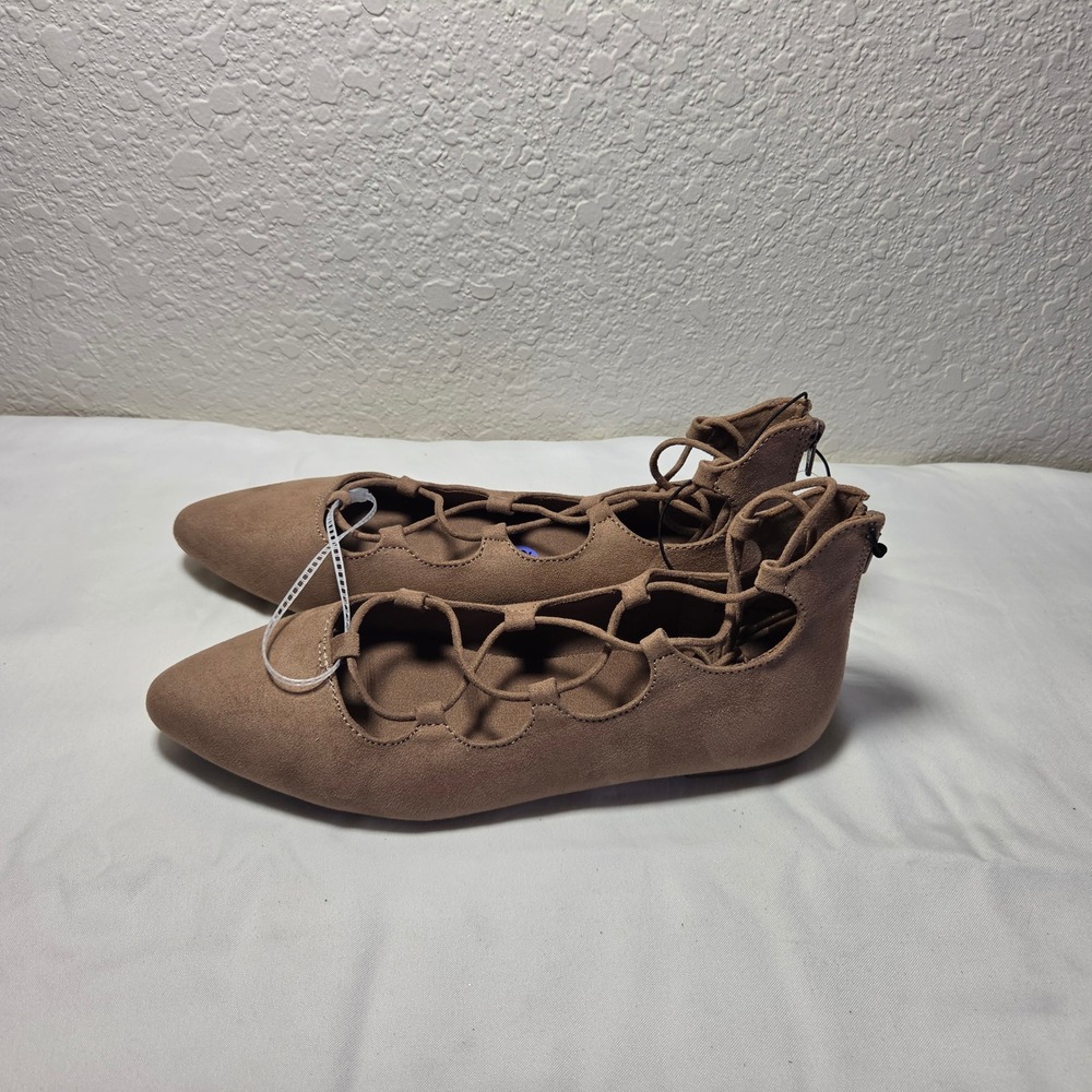 Seychelles Tan Faux Suede Lace Up Pointed Toe Flats Memory Foam 8.5